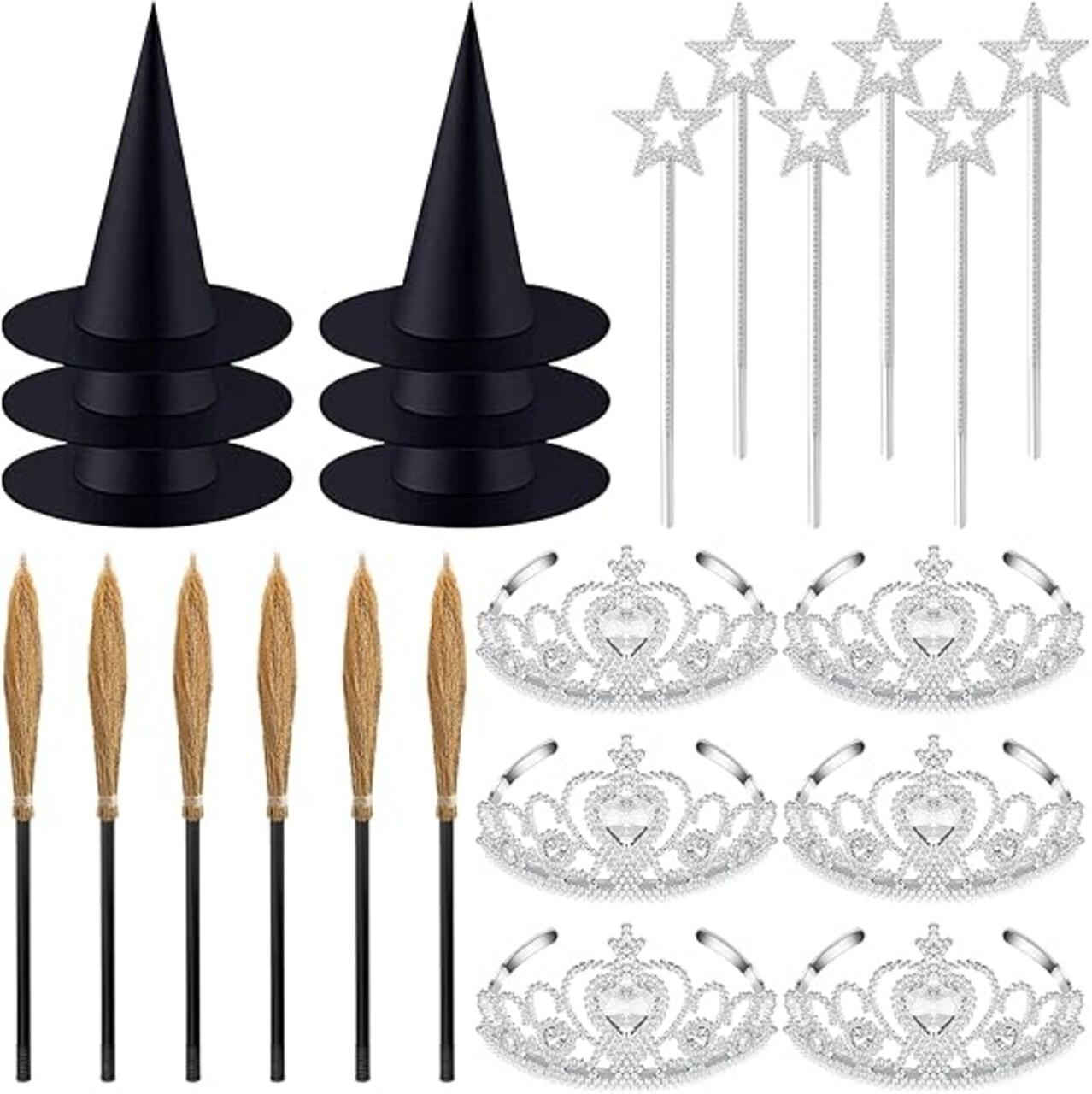 24 Pcs Halloween Decorations - Witch Hats, Glitter Star Wands, Princess Crowns Set